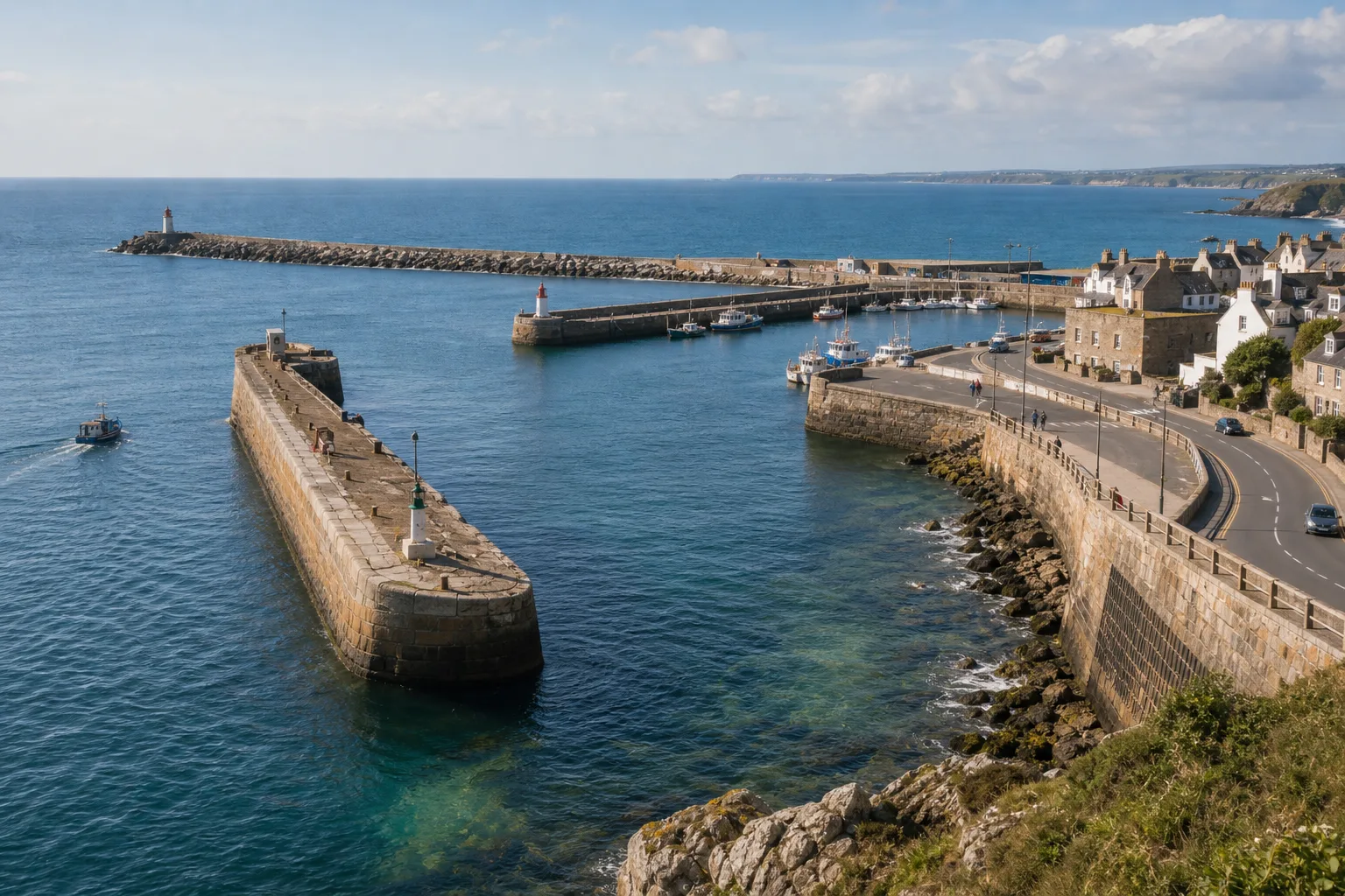 Harbor with stone breakwaters and lighthouses under blue sky near coastal village with boats in calm water