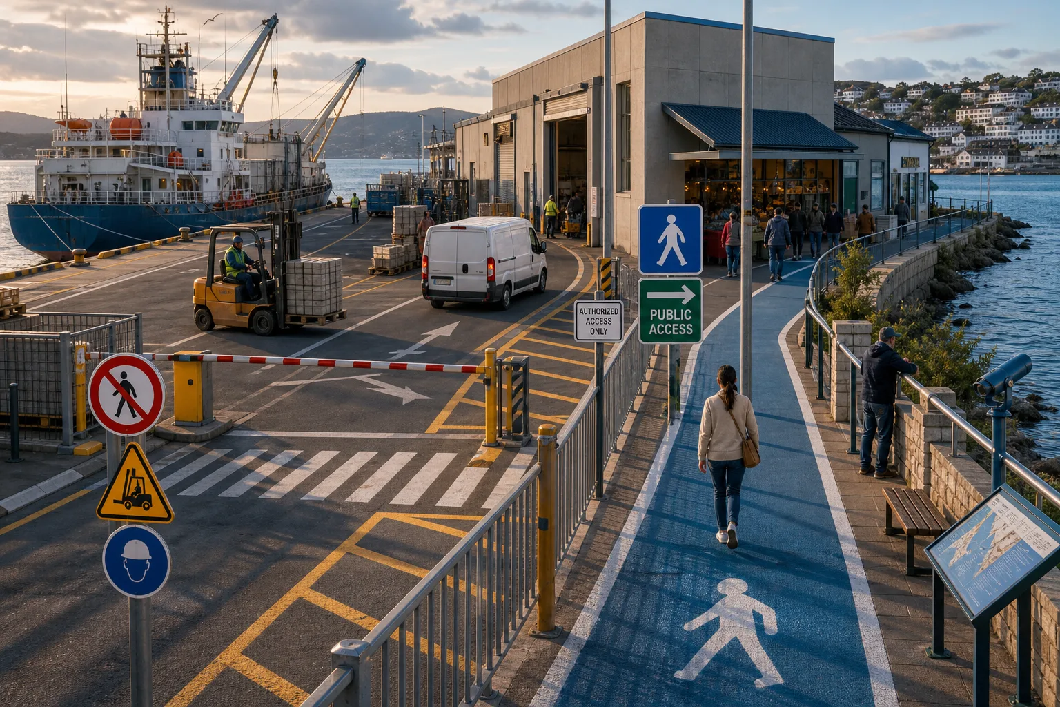 People walking on a blue public access path beside an industrial quay with a ship and workers handling cargo