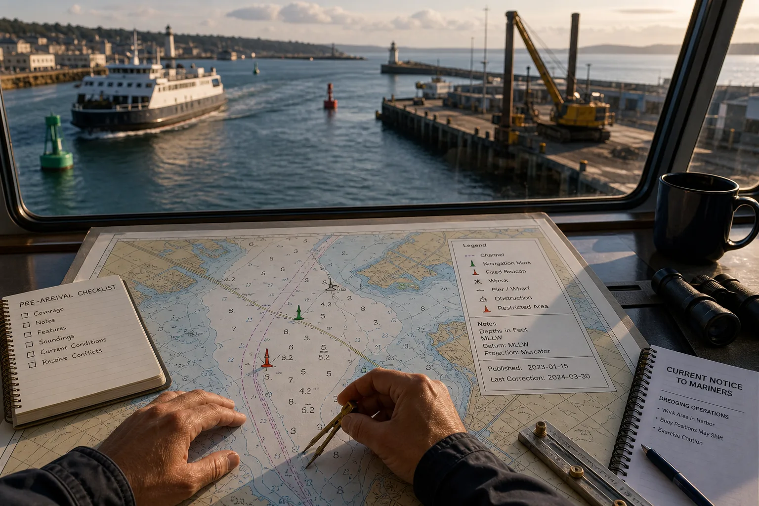 Person's hands using a compass on a nautical chart inside a boat cabin with harbor and ferry outside