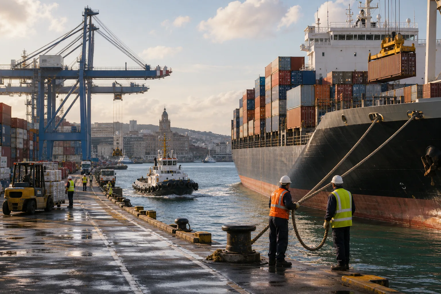 Dockworkers in safety vests securing ropes on a cargo ship loaded with shipping containers at a busy port